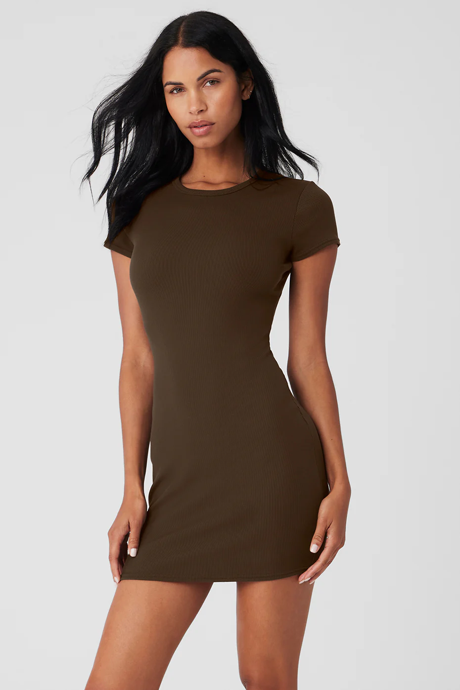 Alo Yoga Goddess Ribbed Short Sleeve Dress – Espresso online