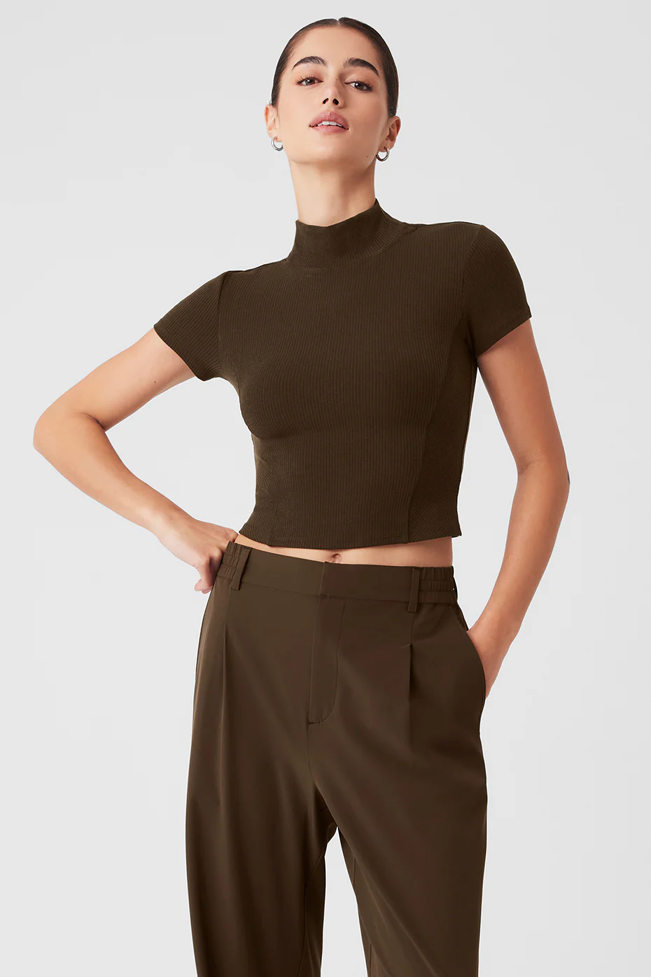 Alo Yoga Wellness Rib Mock Neck Polished Short Sleeve – Espresso online