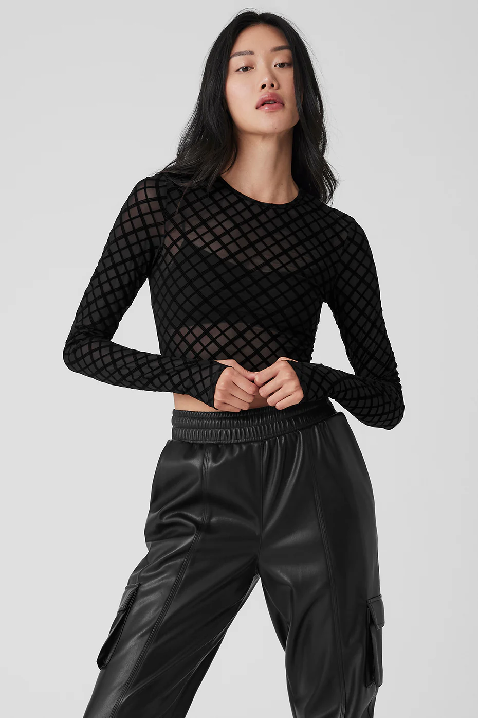Alo Yoga Mesh Plaid Cropped Long Sleeve Top - Black Alo Yoga Mesh Plaid Cropped Long Sleeve Top – Black online